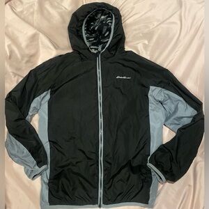 Eddie Bauer reversible zip up jacket. Fleece lined. Gray & black camouflage.